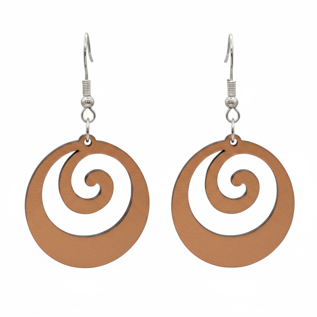 Koru Flow earrings, open-circle koru spiral in brushed copper metallic.