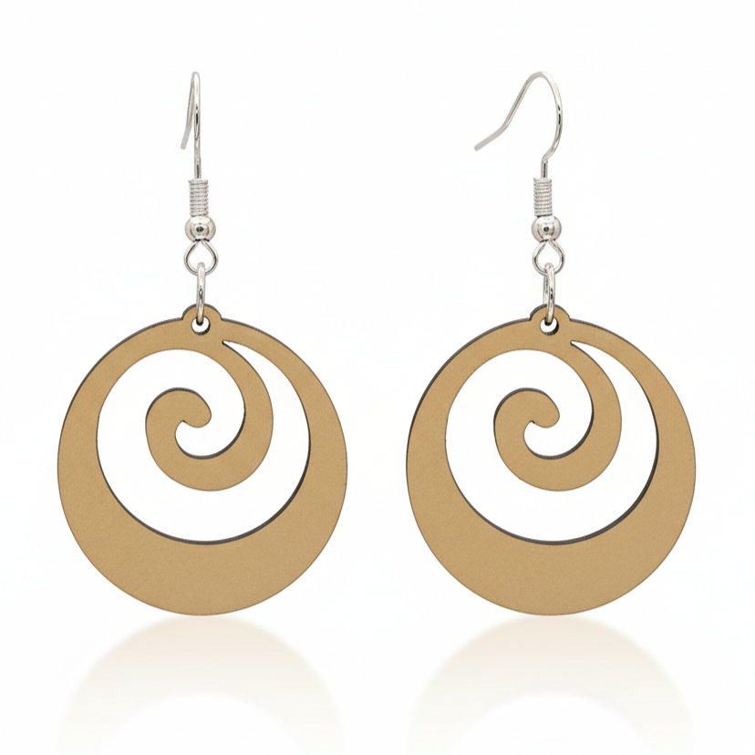 Koru Flow earrings, open-circle koru spiral in brushed gold metallic.