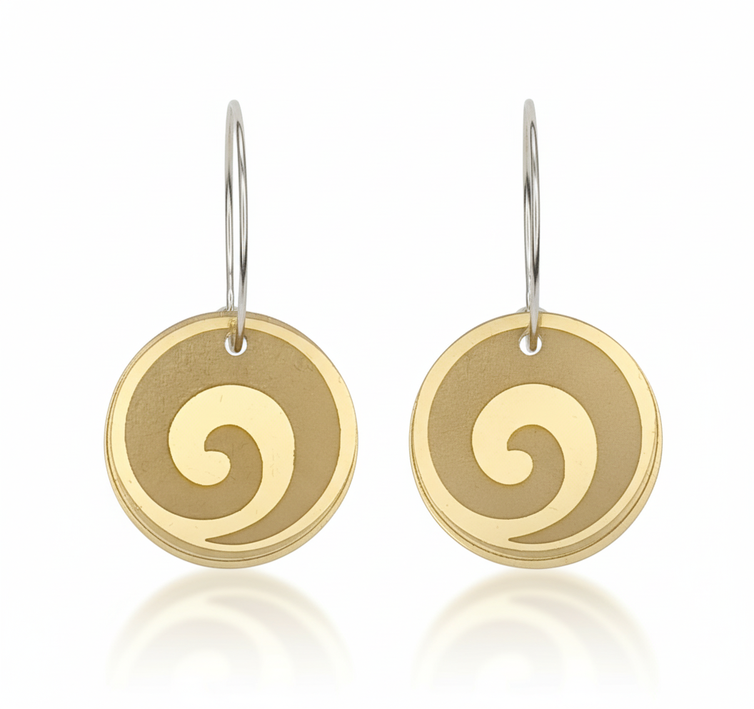 Koru Engraved hoop earrings, round discs with engraved koru spiral in gold mirror acrylic.