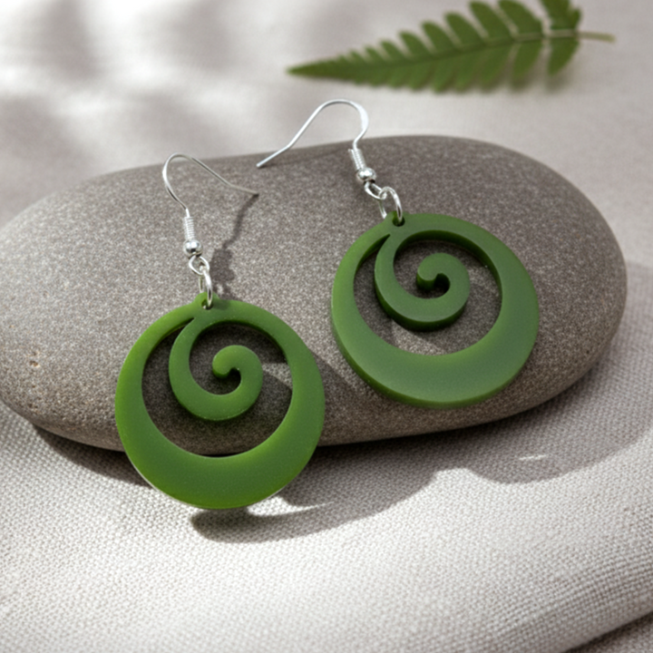 Koru Flow earrings on stone with fern; pounamu satin pair and brushed silver metallic pair.