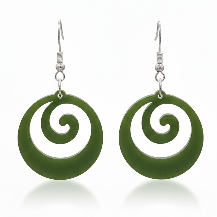 Koru Flow earrings, open-circle koru spiral in pounamu satin acrylic.