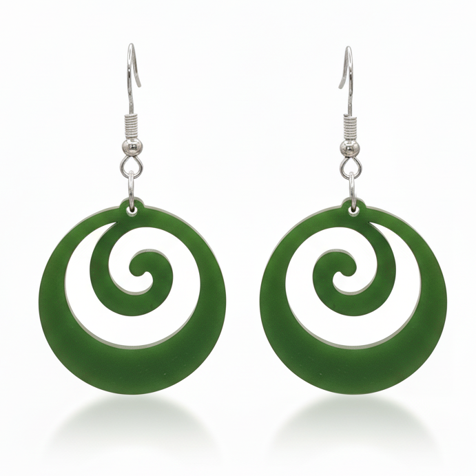 Pair of Koru Flow earrings in fern-green Pounamu Satin Acrylic, with mirrored open-circle koru spirals and silver-coloured hooks.