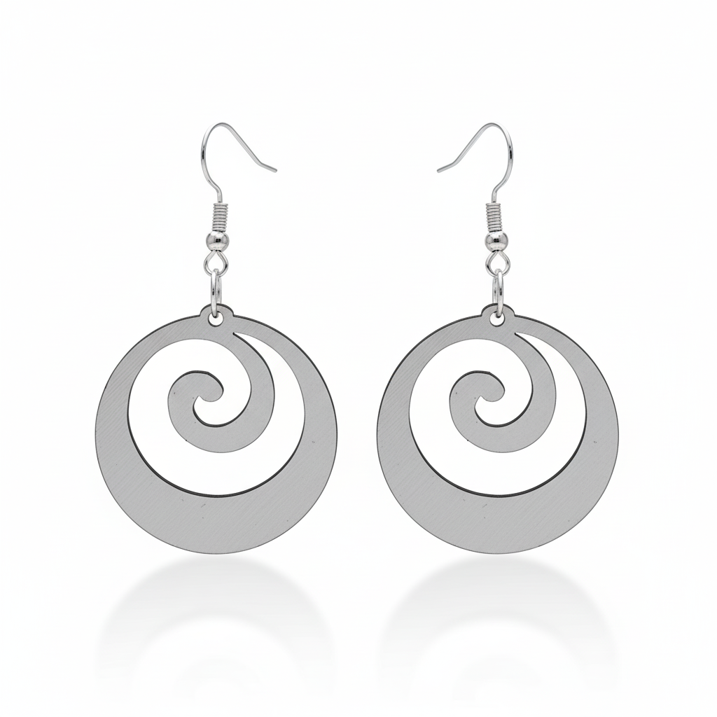 Koru Flow earrings, open-circle koru spiral in brushed silver metallic.
