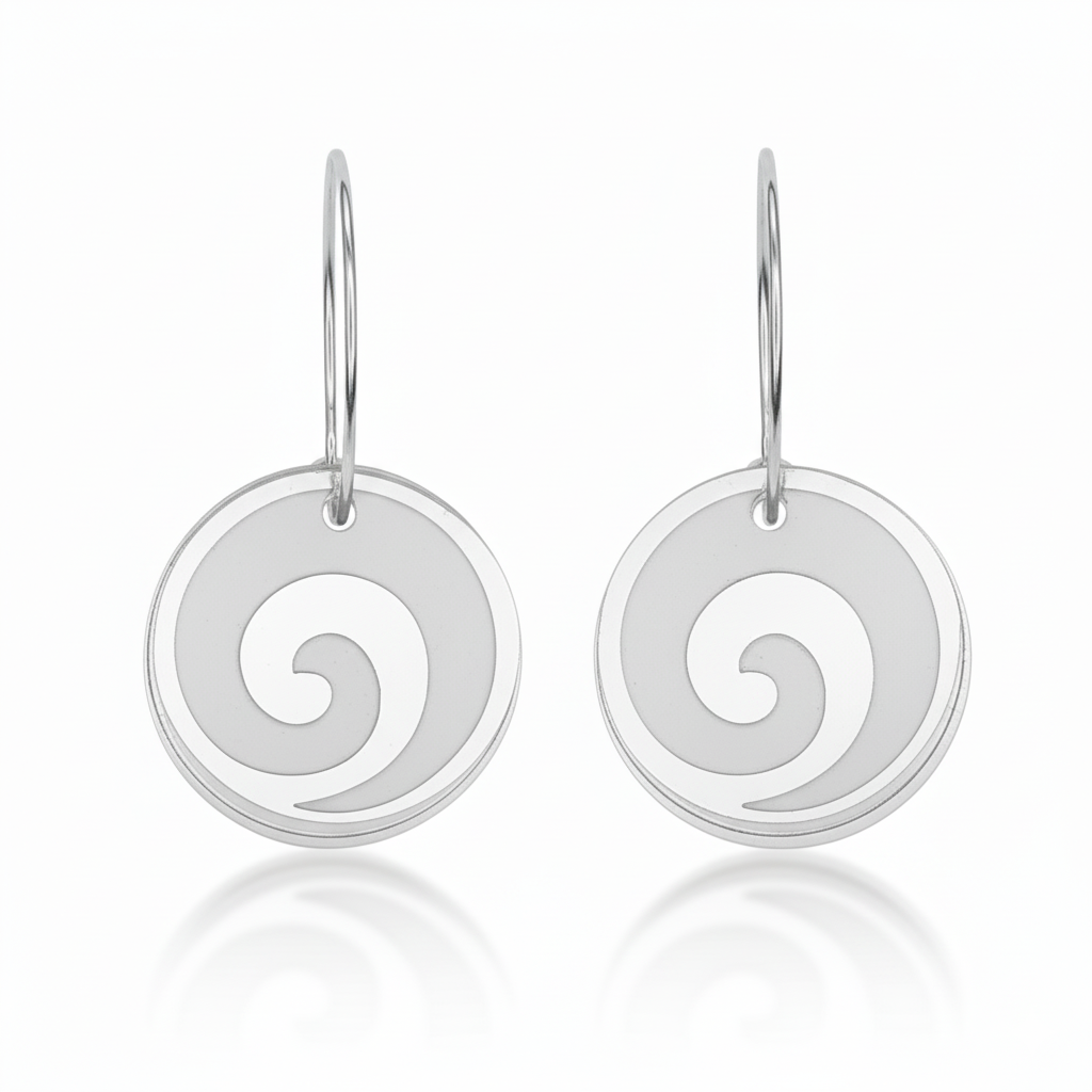 Koru Engraved hoop earrings, round discs with engraved koru spiral in silver mirror acrylic.