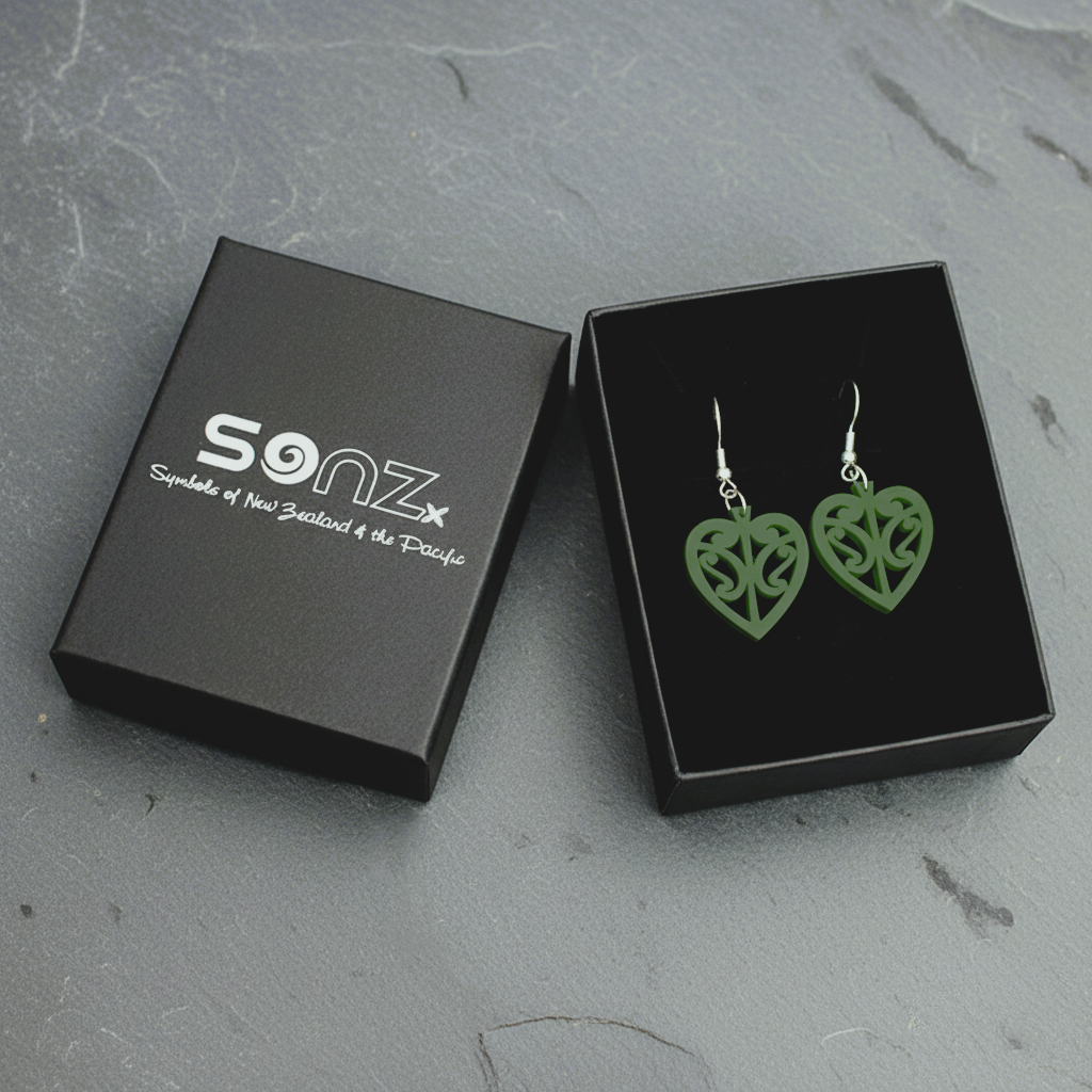 Kōwhaiwhai Heart earrings in a black SONZ gift box; pounamu satin open-heart with kōwhaiwhai cut-outs.