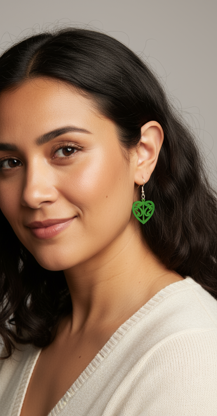 Kōwhaiwhai Heart earrings worn by model; pounamu satin open-heart design.