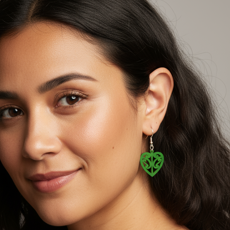 Model wearing Kōwhaiwhai Heart earrings in pounamu green acrylic, featuring an intricate cut-out pattern on silver hooks.