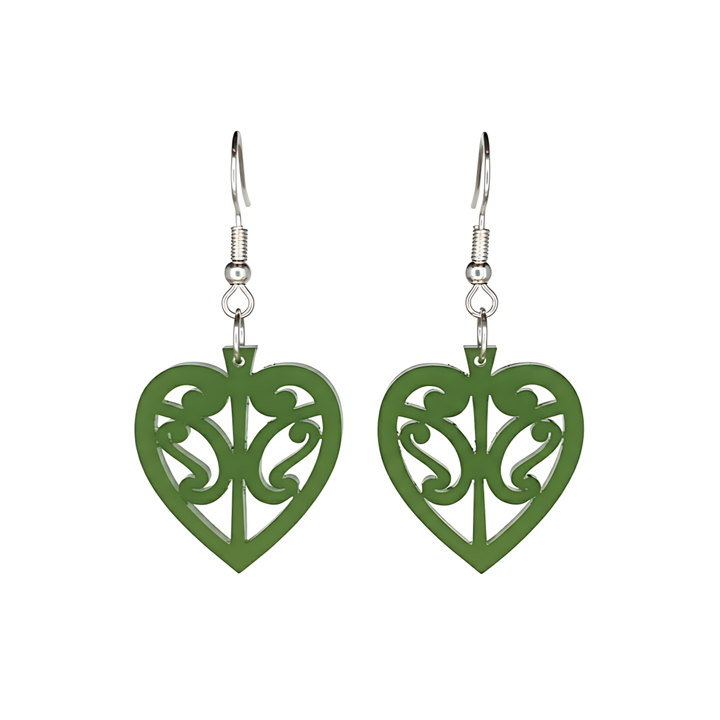 Kōwhaiwhai Heart earrings, open heart with kōwhaiwhai cut-outs in pounamu satin acrylic.