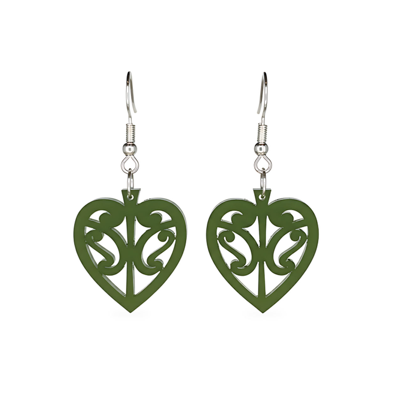 Kōwhaiwhai Heart earrings, open heart with kōwhaiwhai cut-outs in pounamu satin acrylic.