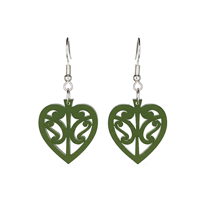 Kōwhaiwhai Heart earrings, open heart with kōwhaiwhai cut-outs in pounamu satin acrylic.