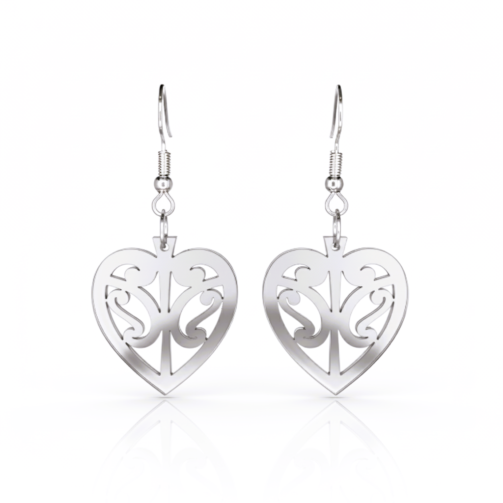 Kōwhaiwhai Heart earrings, open heart with kōwhaiwhai cut-outs in silver mirror acrylic.