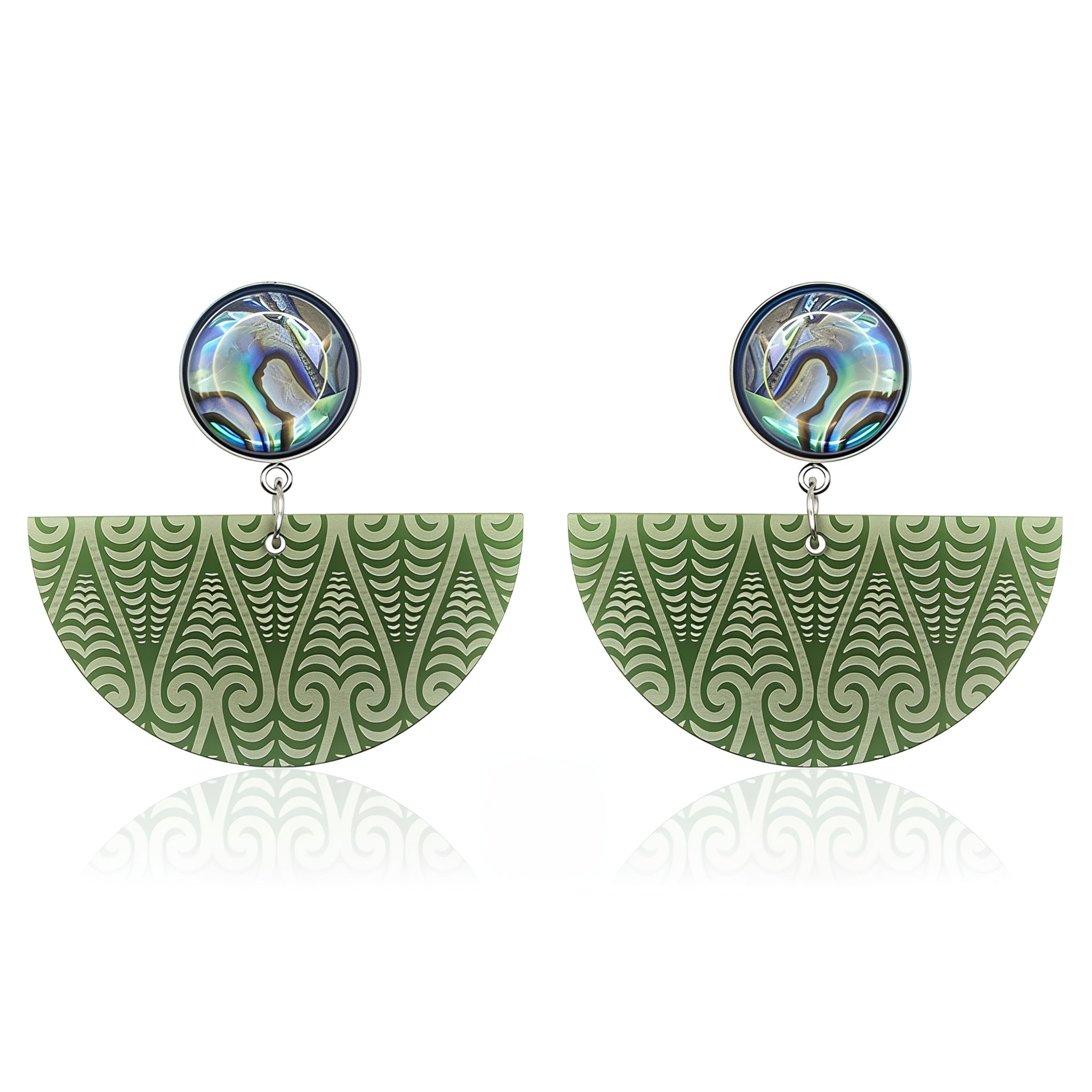Kōwhaiwhai Pāua earrings, half-moon drop in pounamu satin with an iridescent pāua stud.