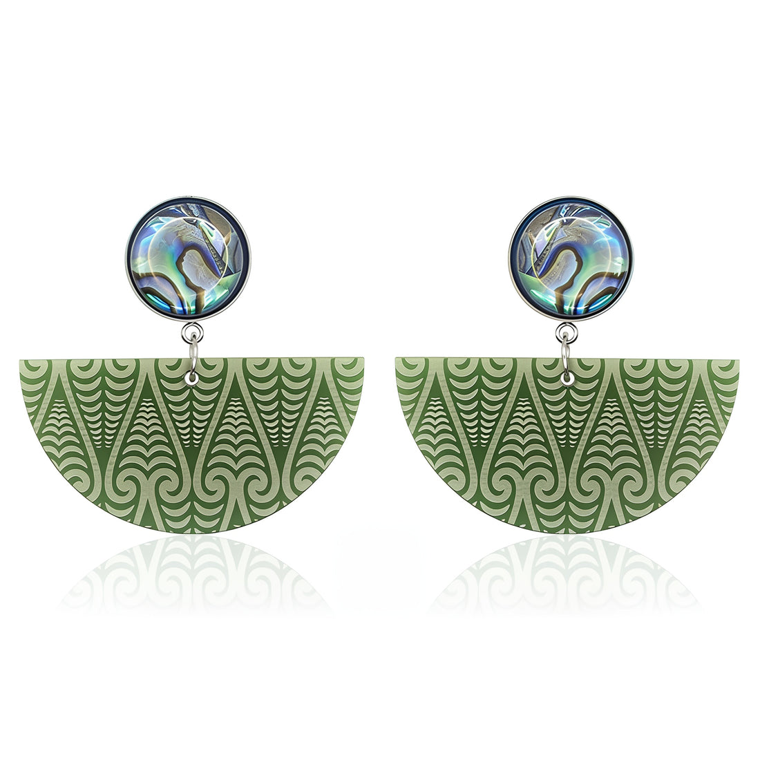 Kōwhaiwhai Pāua earrings, half-moon drop in pounamu satin with an iridescent pāua stud.
