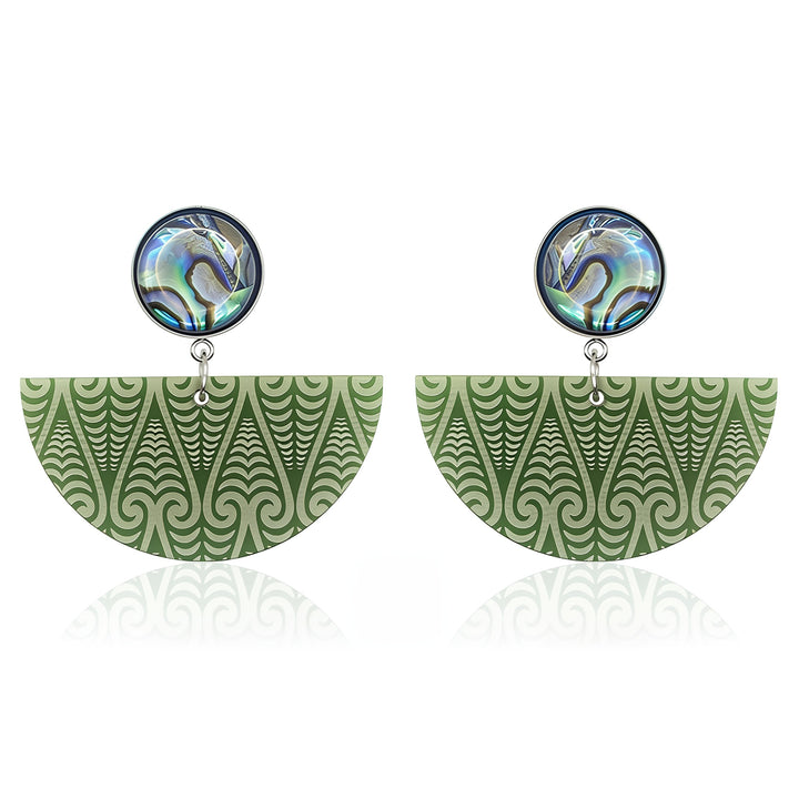 Kōwhaiwhai Pāua earrings, half-moon drop in pounamu satin with an iridescent pāua stud.