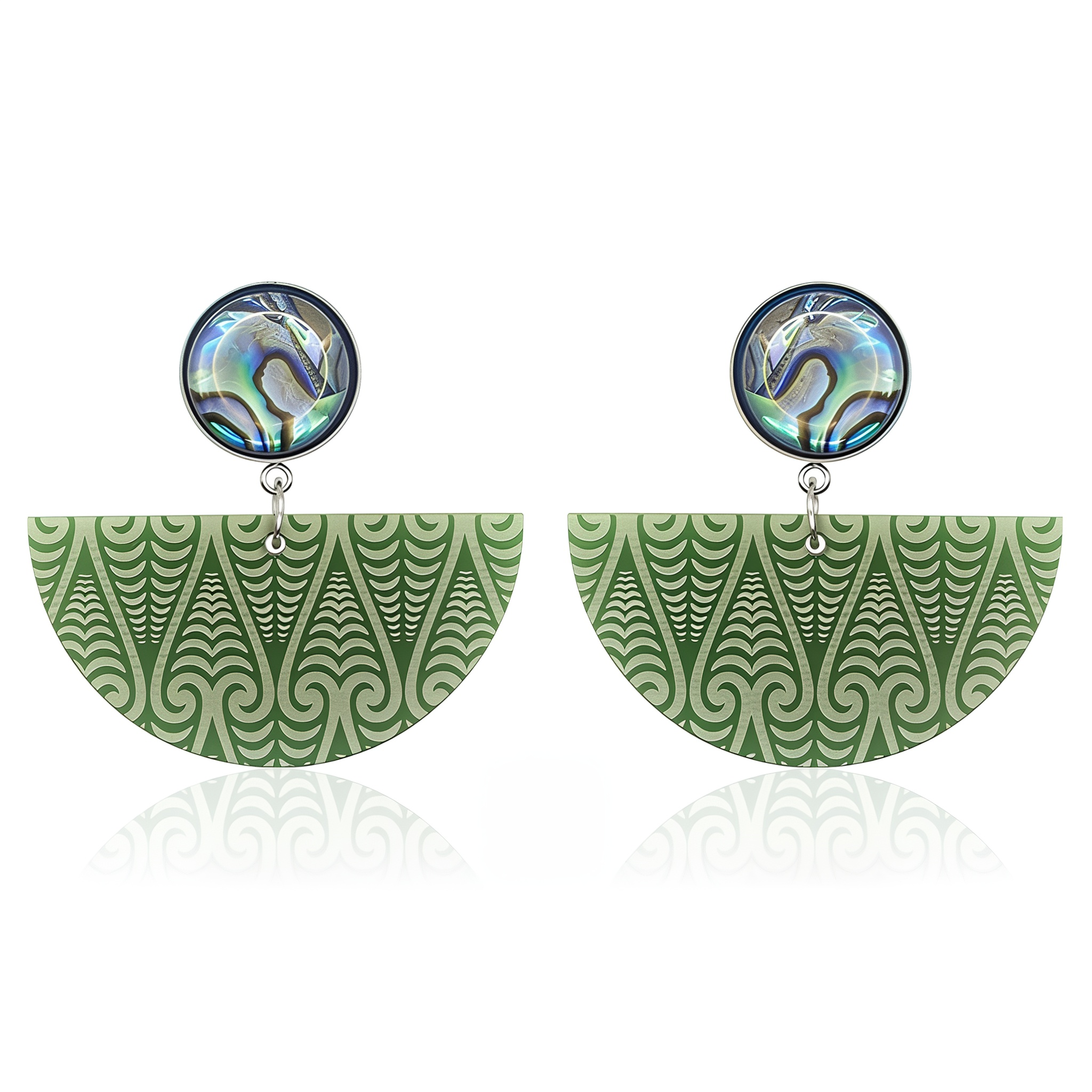 Pair of Kōwhaiwhai Pāua earrings with iridescent natural pāua studs and laser-engraved fern-green Pounamu Satin Acrylic half-moon drops.