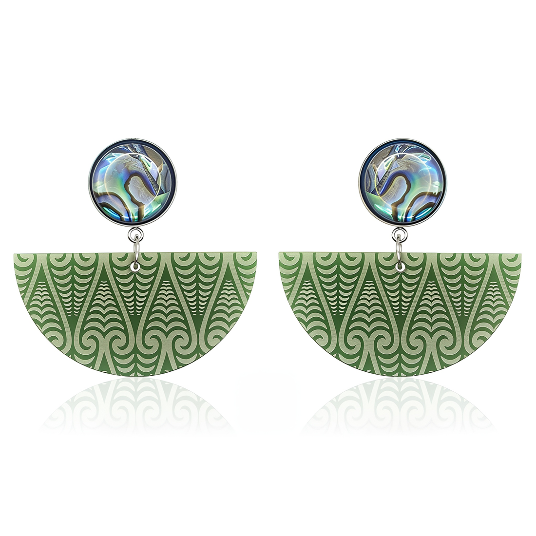 Pair of Kōwhaiwhai Pāua earrings with iridescent natural pāua studs and laser-engraved fern-green Pounamu Satin Acrylic half-moon drops.