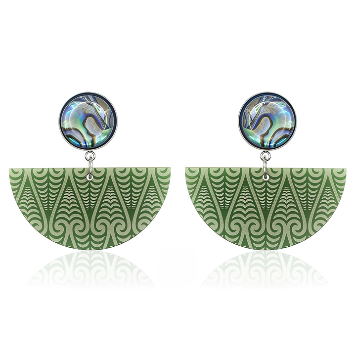 Pair of Kōwhaiwhai Pāua earrings with iridescent natural pāua studs and laser-engraved fern-green Pounamu Satin Acrylic half-moon drops.
