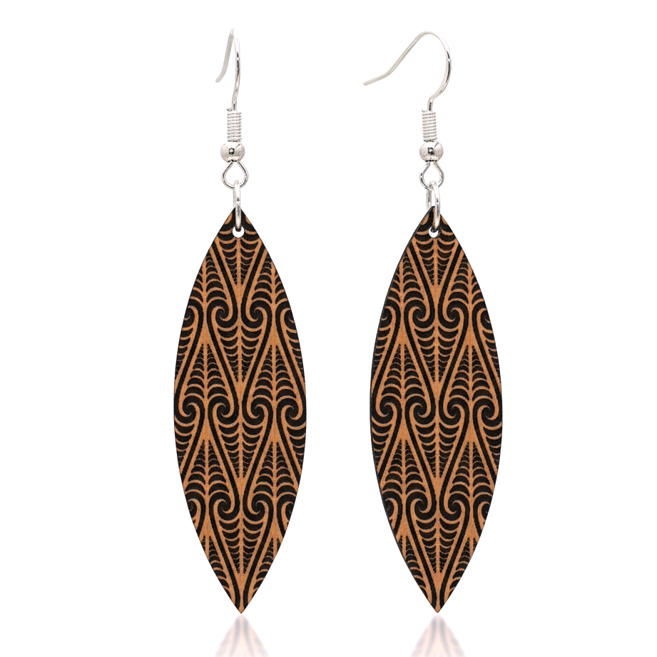 Kōwhaiwhai Shield earrings, elongated shield with engraved kōwhaiwhai in brushed copper metallic.