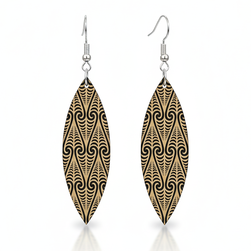 Kōwhaiwhai Shield earrings, elongated shield with engraved kōwhaiwhai in brushed gold metallic.
