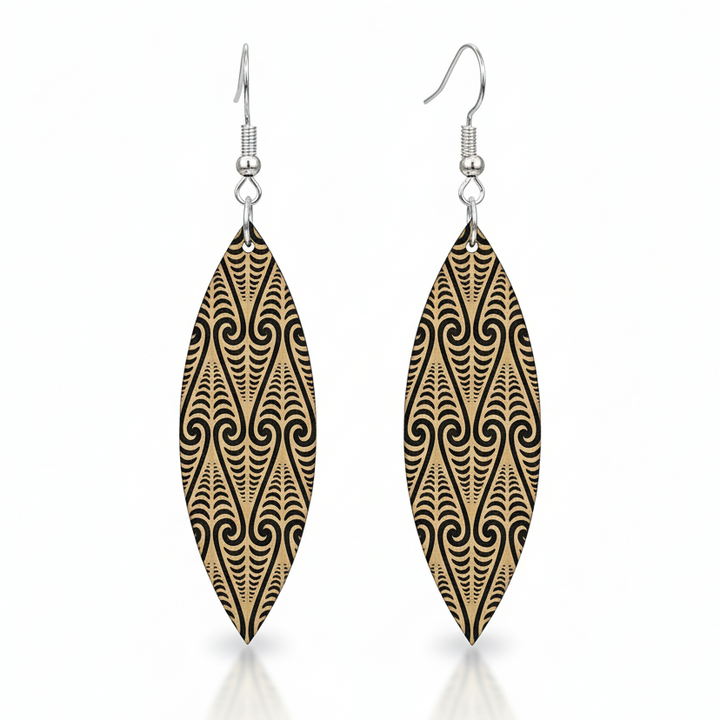 Kōwhaiwhai Shield earrings, elongated shield with engraved kōwhaiwhai in brushed gold metallic.