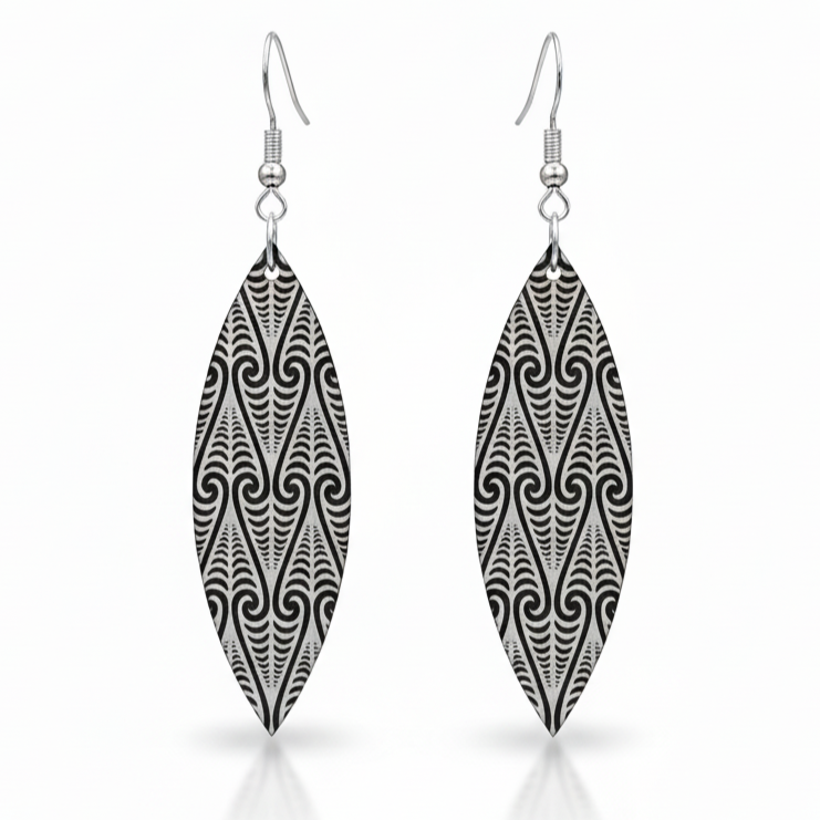 Kōwhaiwhai Shield earrings, elongated shield with engraved kōwhaiwhai in brushed silver metallic.