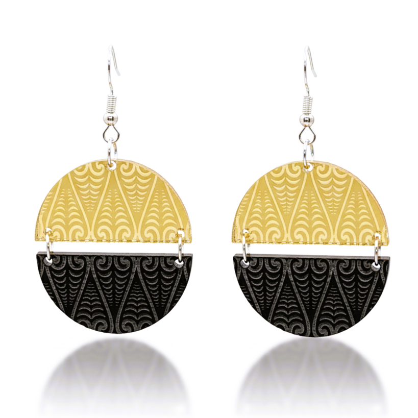 Kōwhaiwhai Symmetry earrings, half-round drop with engraved kōwhaiwhai; gold mirror top and black base.