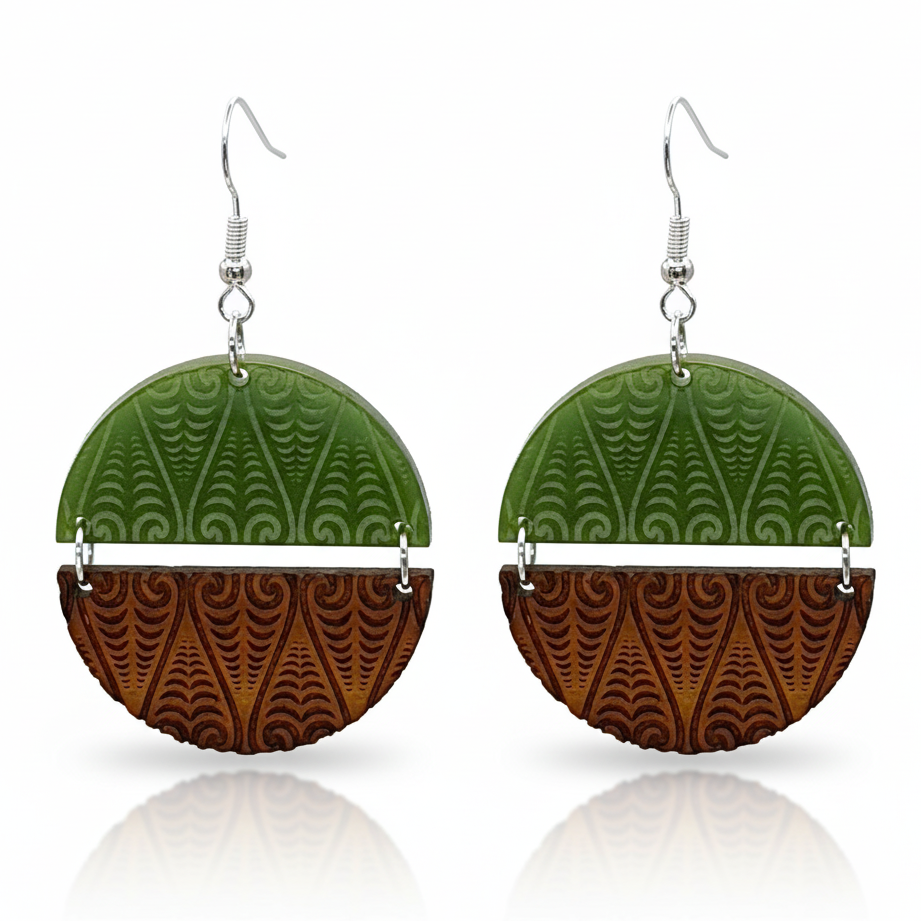Kōwhaiwhai Symmetry earrings, half-round drop; pounamu-tone top with engraved wood base.