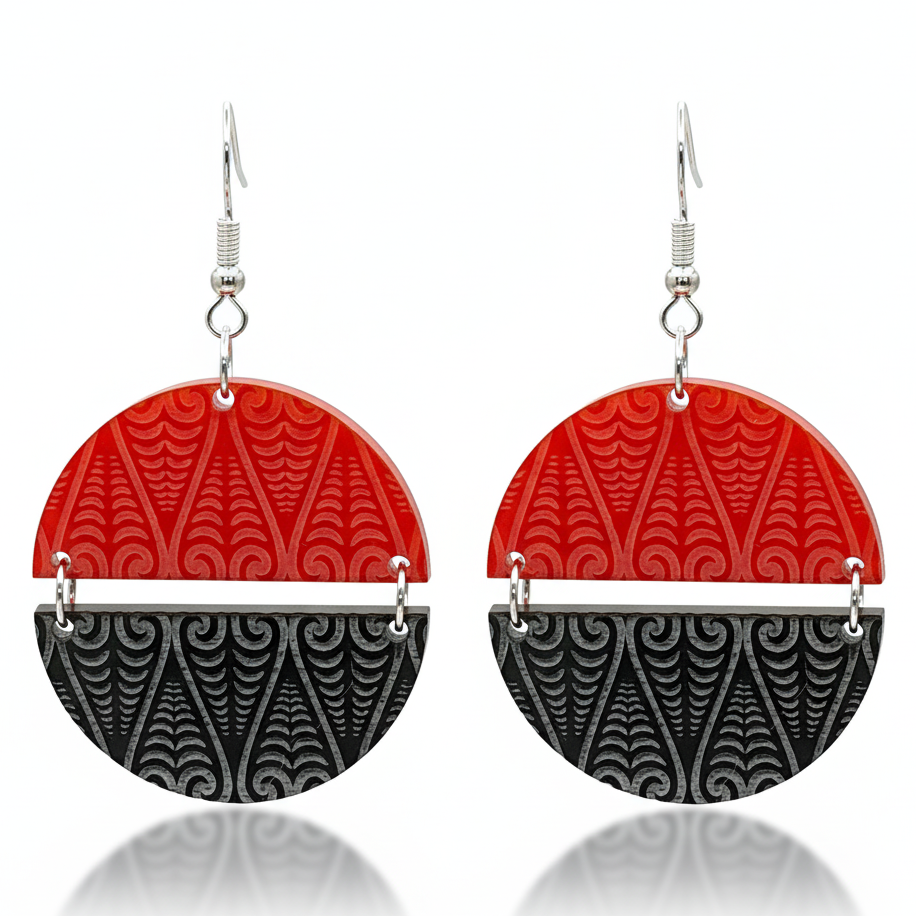 Kōwhaiwhai Symmetry earrings, half-round drop; red top with engraved black base.