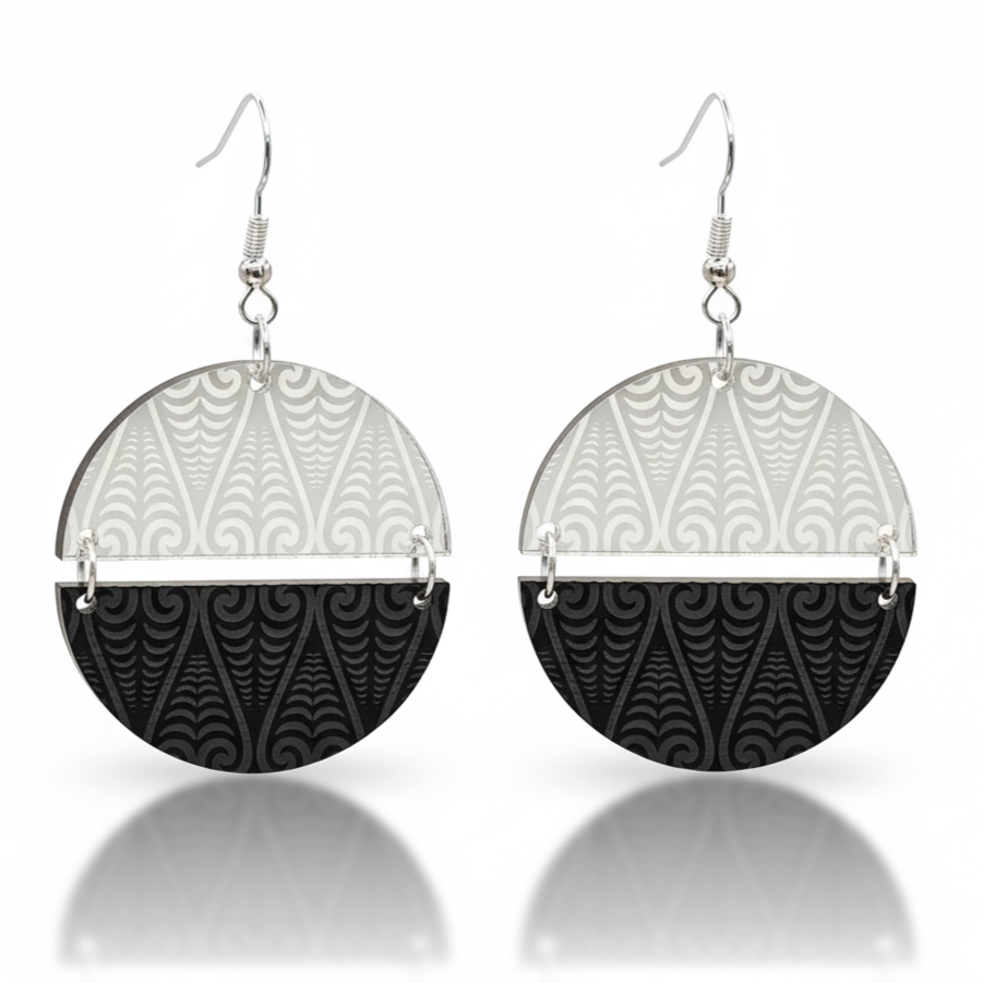 Kōwhaiwhai Symmetry earrings, half-round drop; silver-mirror top with engraved black base.