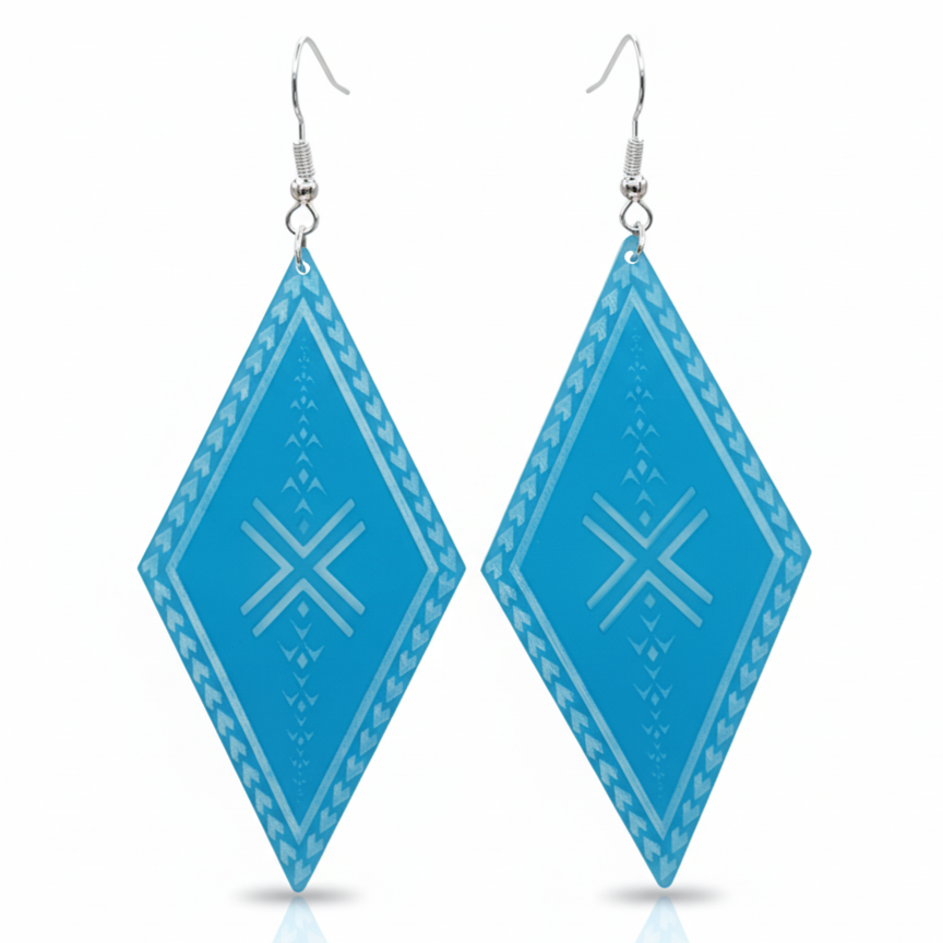 Malu Diamond earrings, slender diamond drop with engraved Samoan malu motifs in aqua acrylic.