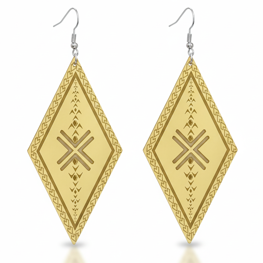 Malu Diamond earrings, slender diamond drop with engraved Samoan malu motifs in gold mirror acrylic.