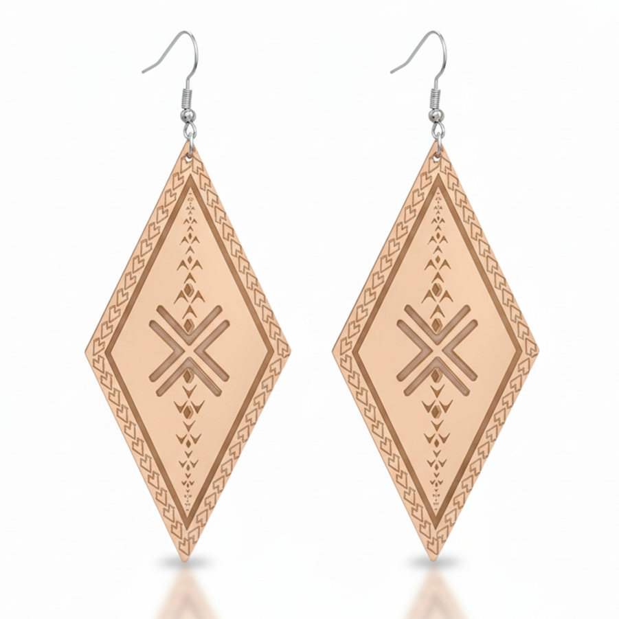 Malu Diamond earrings, slender diamond drop with engraved Samoan malu motifs in rose-gold mirror acrylic.