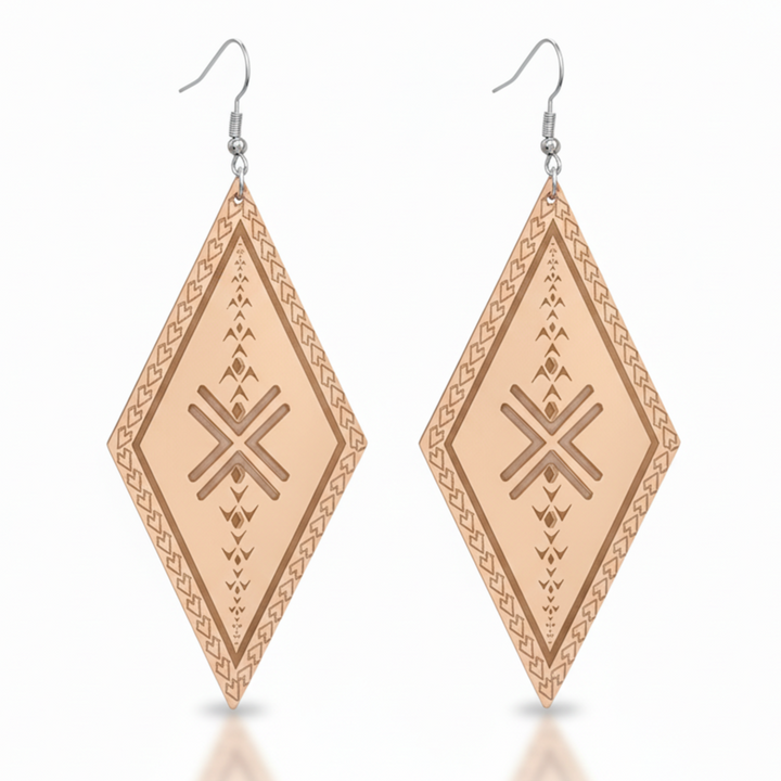 Malu Diamond earrings, slender diamond drop with engraved Samoan malu motifs in rose-gold mirror acrylic.