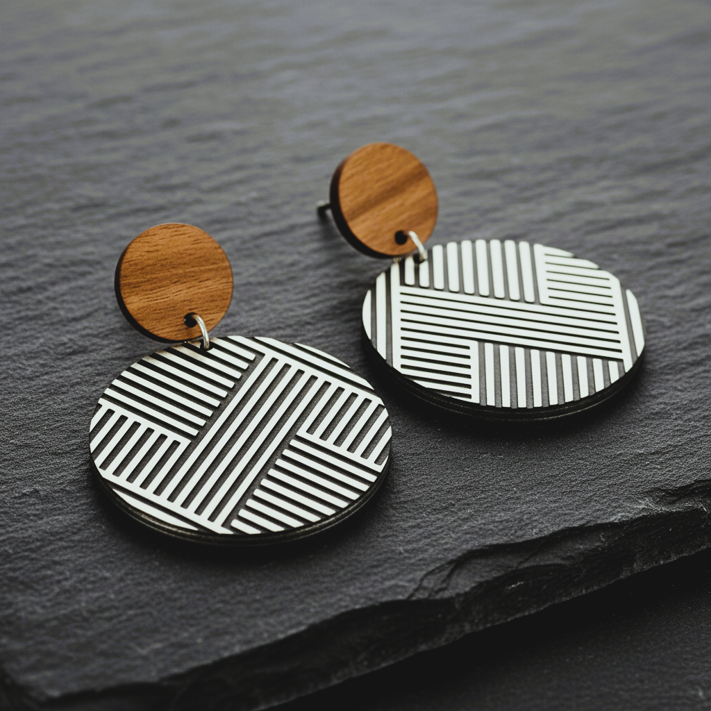 Mana Wood Stud earrings on dark slate; brushed silver metallic rounds with natural wood studs.