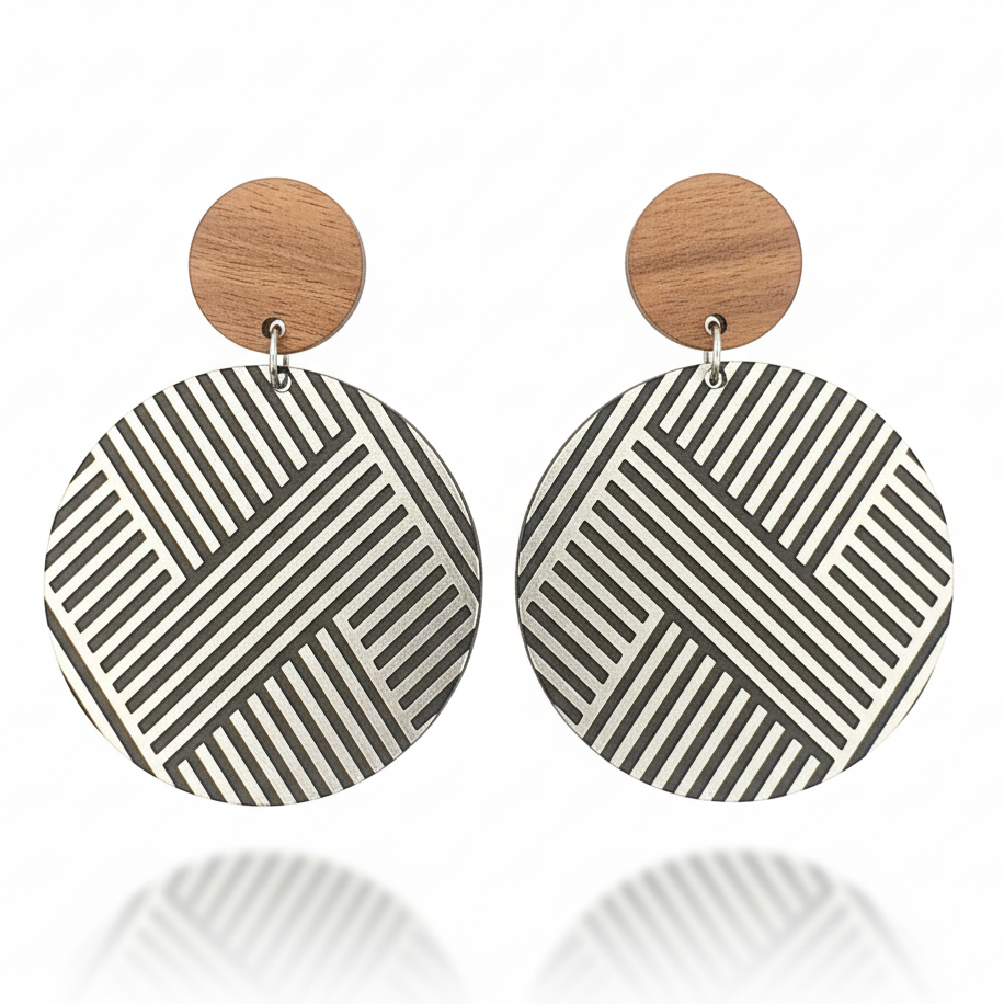 Mana Wood Stud earrings, round drop with graphic line pattern in brushed silver metallic and a natural wood stud.