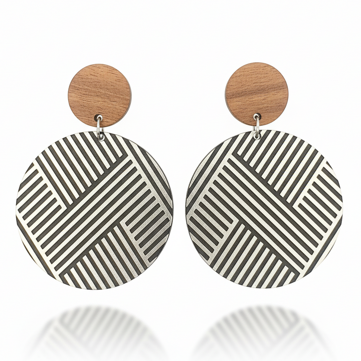 Mana Wood Stud earrings, round drop with graphic line pattern in brushed silver metallic and a natural wood stud.