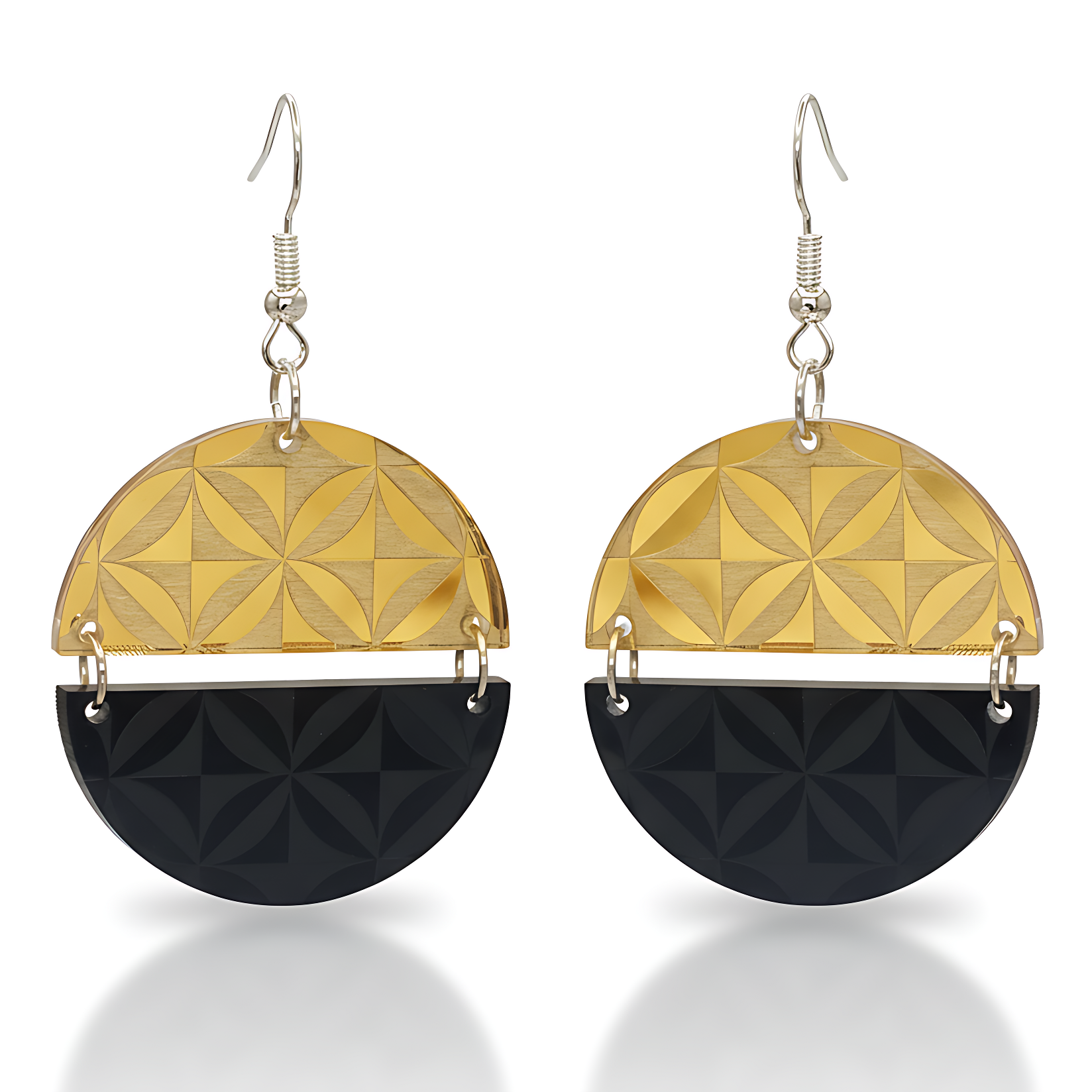 Manulua Symmetry earrings, engraved manulua; gold mirror acrylic top with black acrylic base.