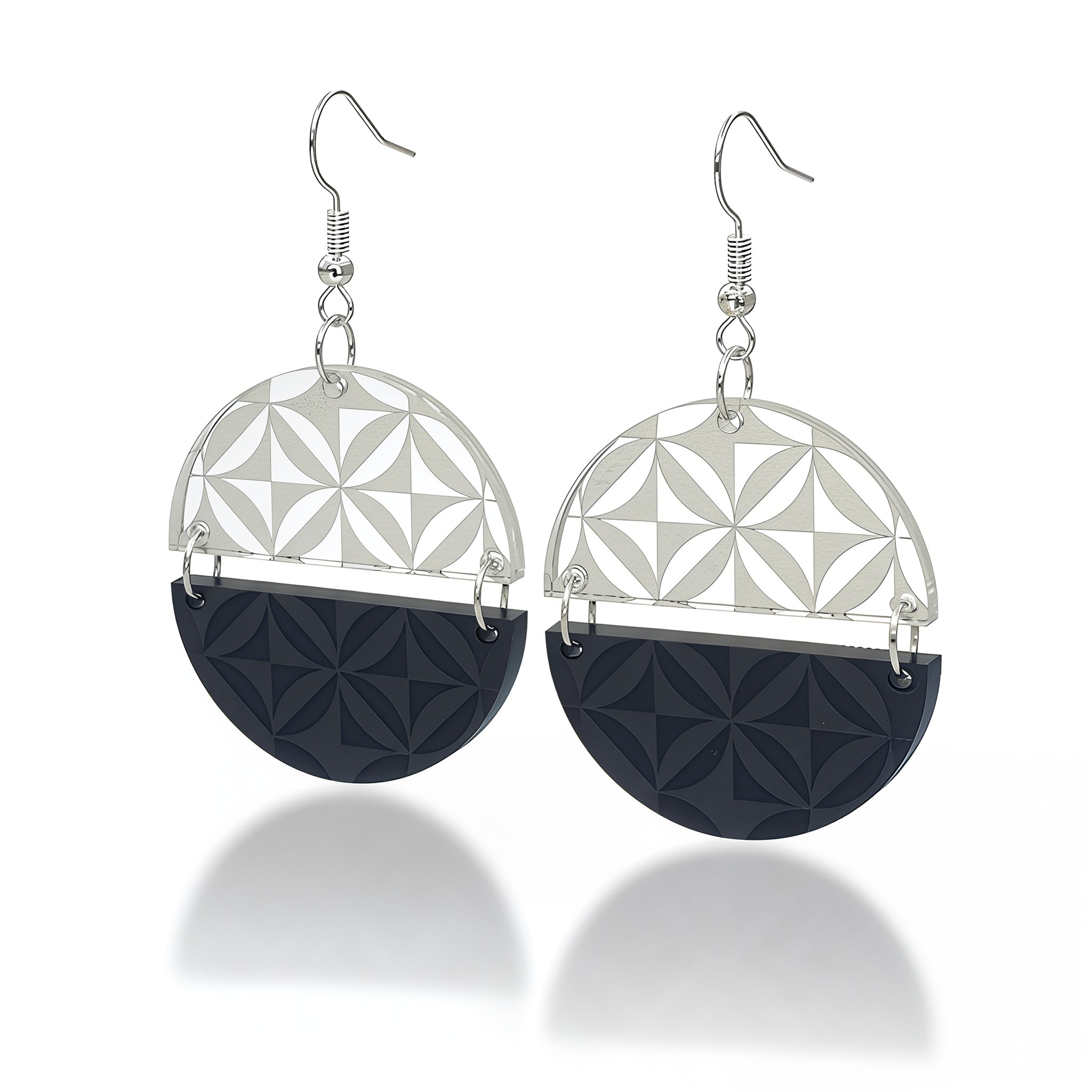 Manulua Symmetry earrings, engraved manulua; silver mirror acrylic top with black acrylic base.