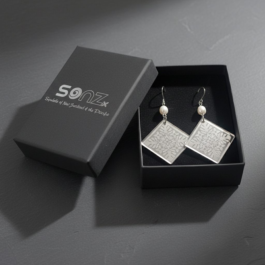 Monstera Diamond Pearl earrings in SoNZ gift box; silver mirror acrylic with freshwater pearl links.