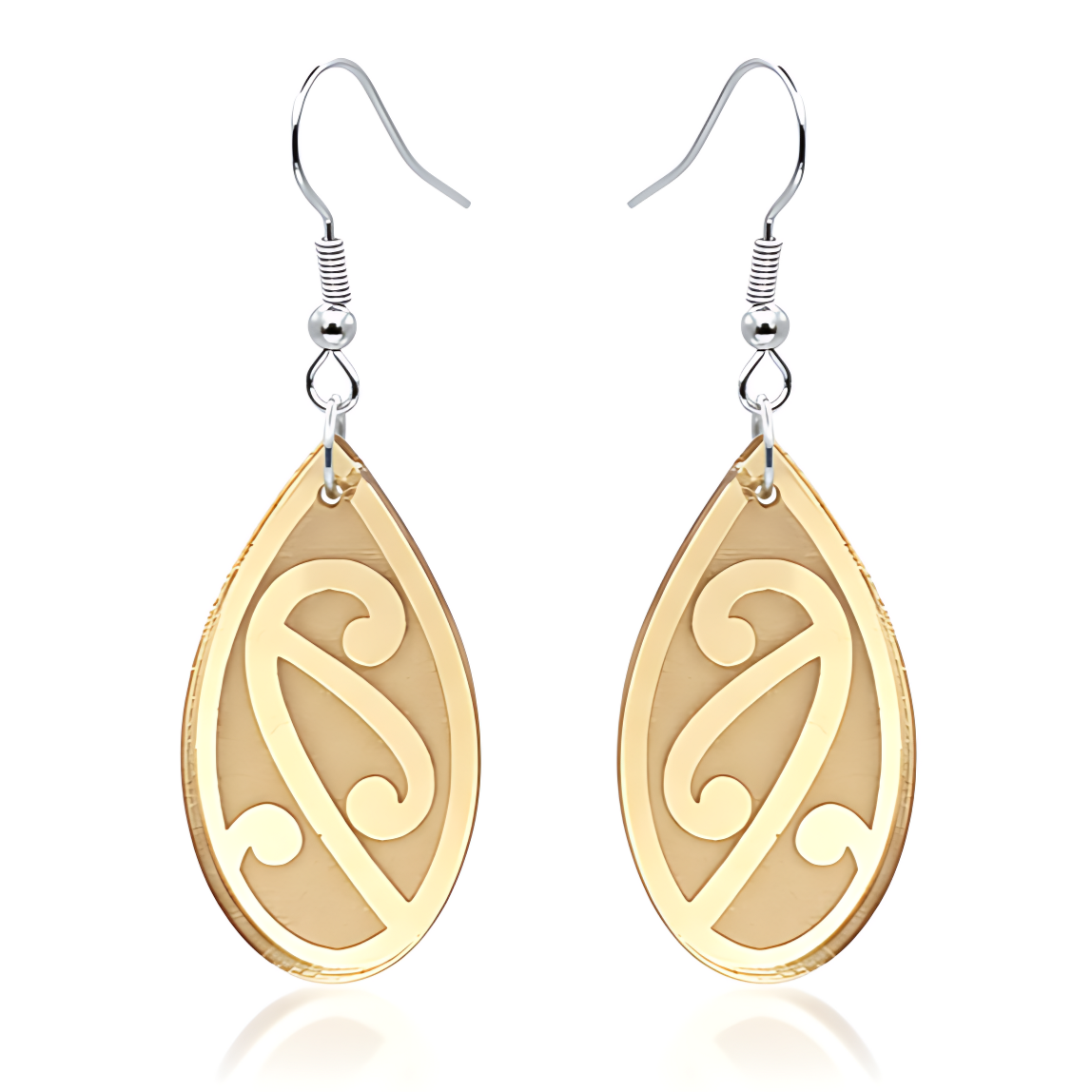 Pītau Engraved earrings, koru teardrop with engraved lines in gold mirror acrylic.