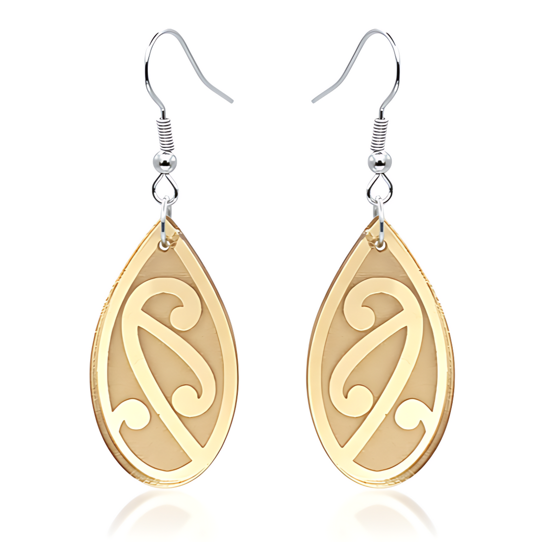Pītau Engraved earrings, koru teardrop with engraved lines in gold mirror acrylic.