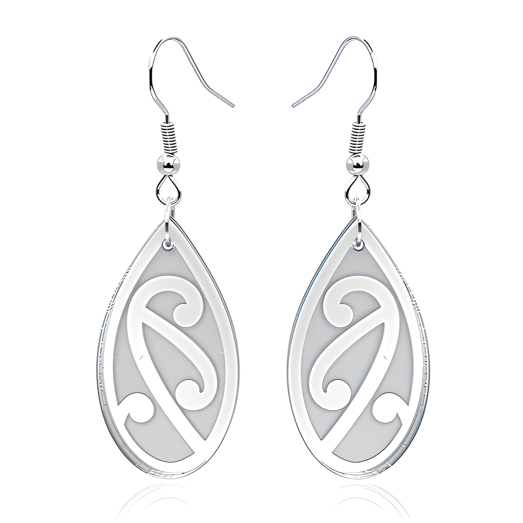 Pītau Engraved earrings, koru teardrop with engraved lines in silver mirror acrylic.
