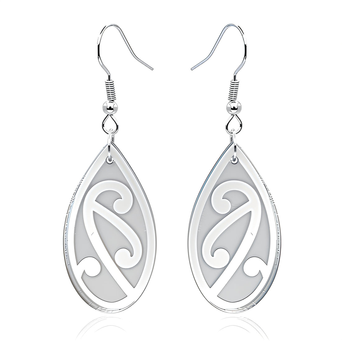 Pītau Engraved earrings, koru teardrop with engraved lines in silver mirror acrylic.