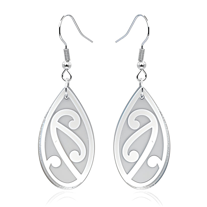 Pītau Engraved earrings, koru teardrop with engraved lines in silver mirror acrylic.