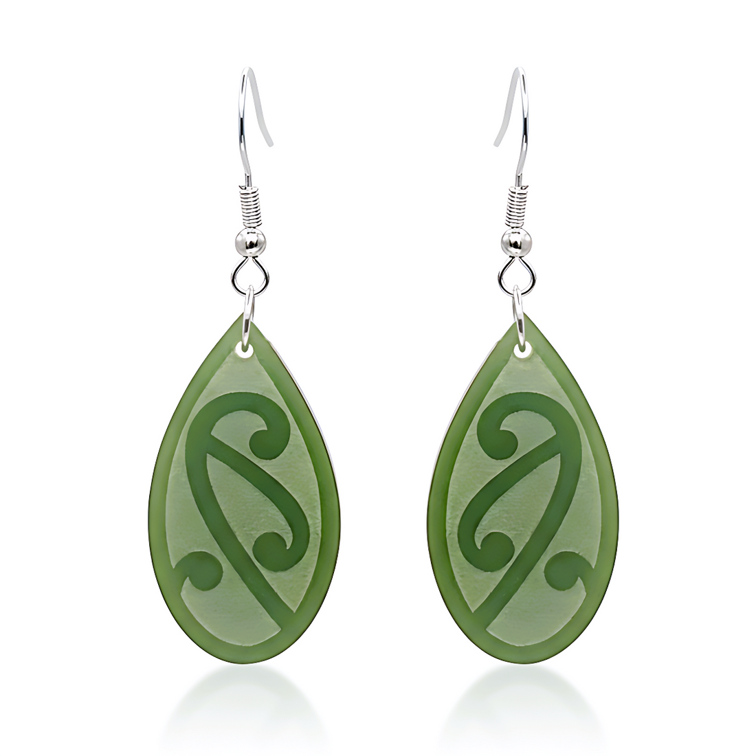 Pītau Engraved earrings, koru teardrop with engraved lines in pounamu satin acrylic.