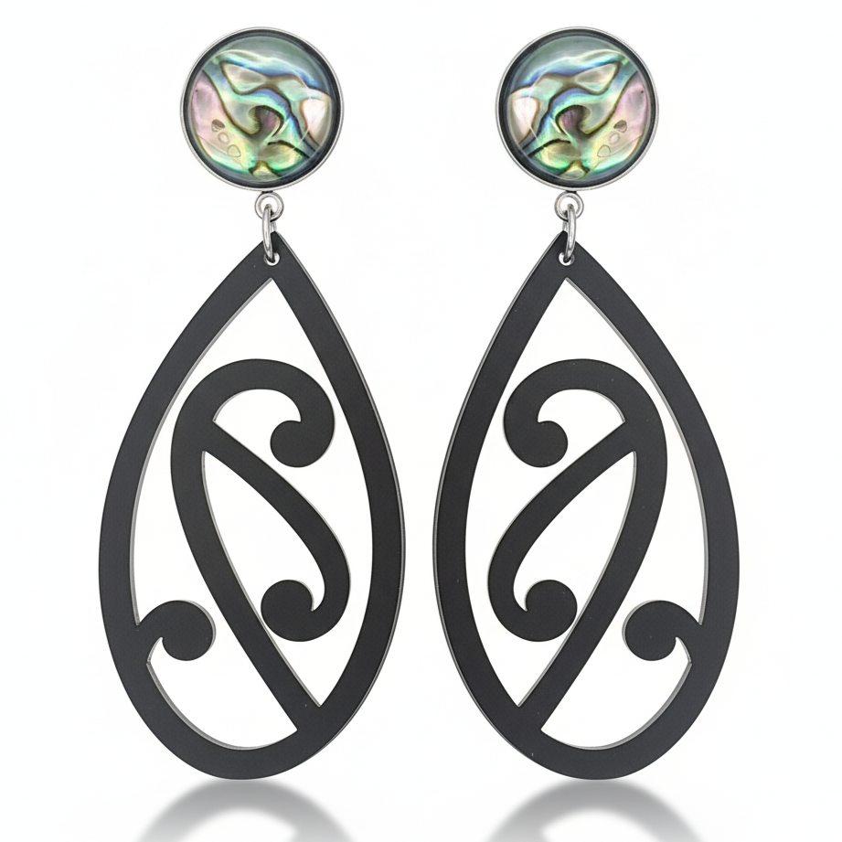 Pītau Pāua earrings, koru teardrop in black acrylic with an iridescent pāua stud.