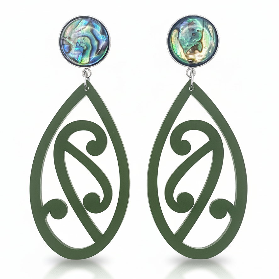 Pītau Pāua earrings, koru teardrop in pounamu satin with an iridescent pāua stud.