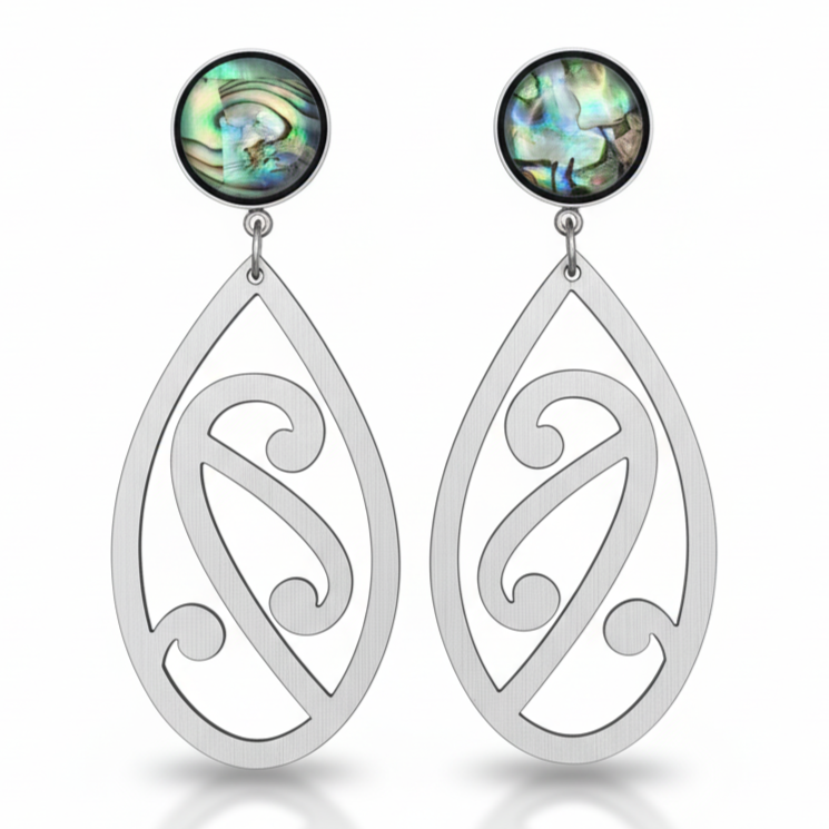 Pītau Pāua earrings, koru teardrop in brushed silver metallic with an iridescent pāua stud.
