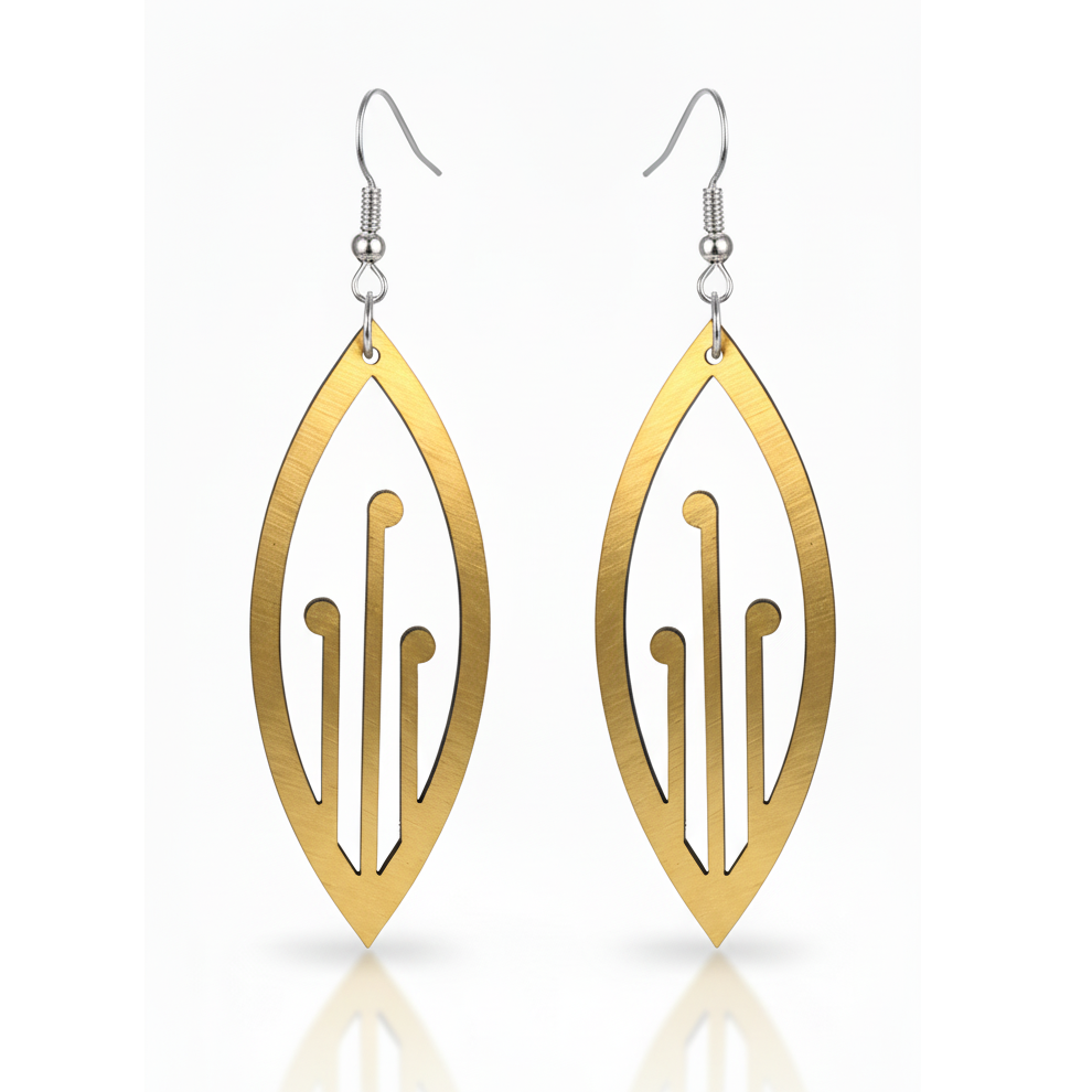 Ponga earrings, marquise leaf with cut-outs in brushed gold metallic.