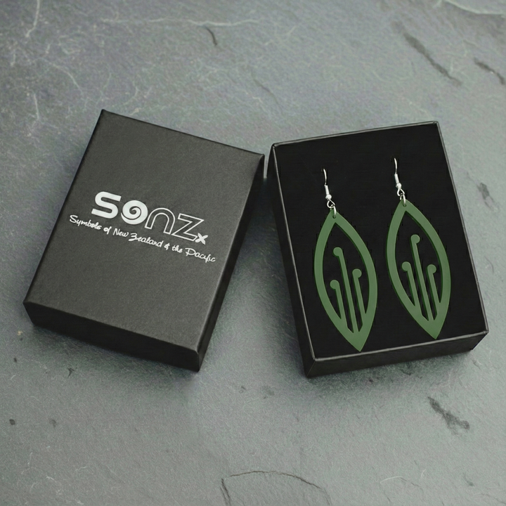 Ponga earrings in pounamu satin, fern-frond leaf design, in SONZ gift box.